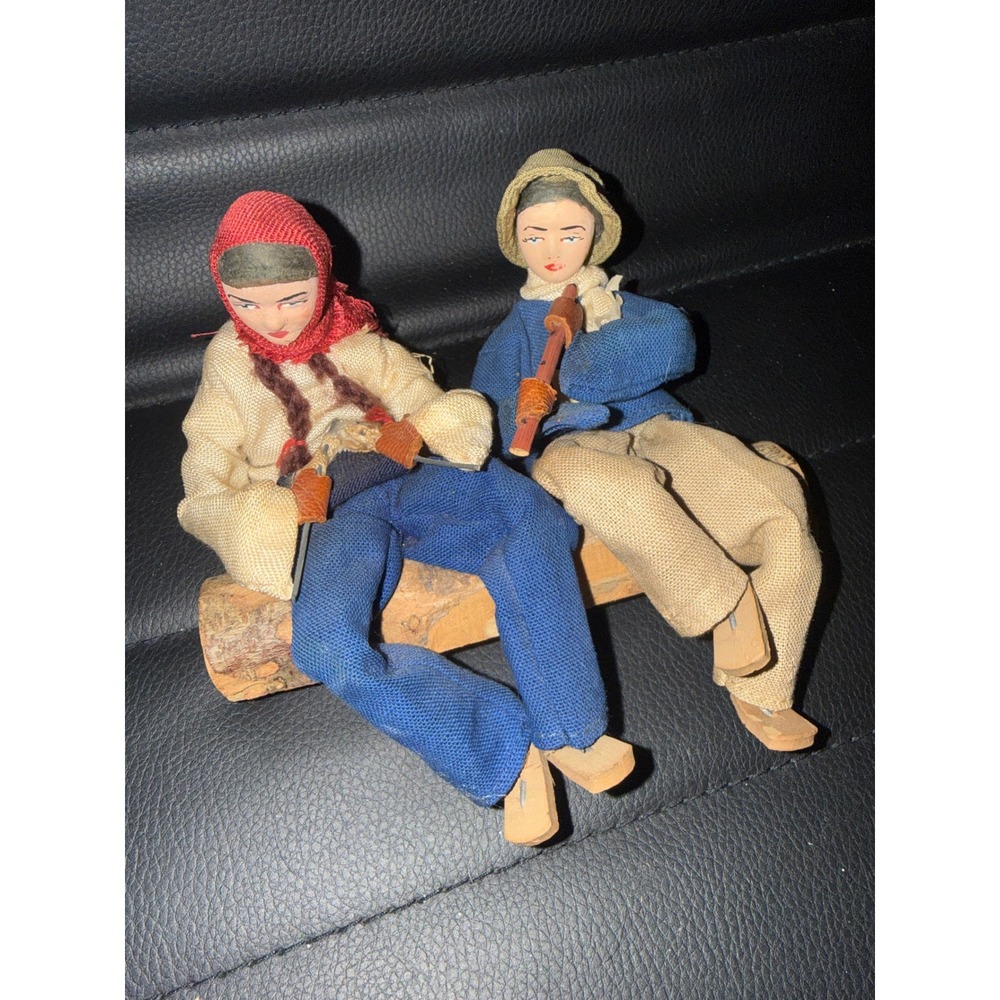 Vintage Sabra Israel‎ Handmade Dolls 1950's on Wood Log Knitting & Flute Player